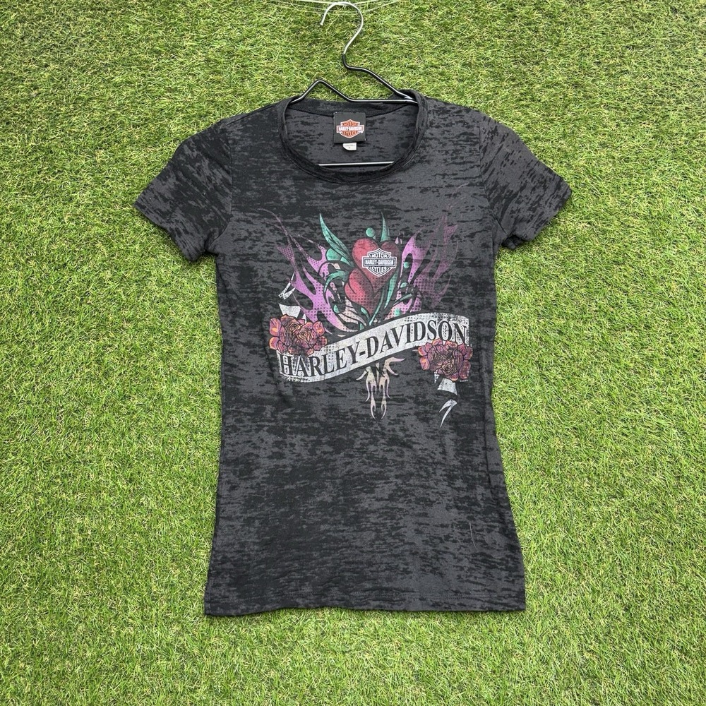 Harley Davidson Shirt Womens Small Rose Graphic Top Flames Fire y2k See Through